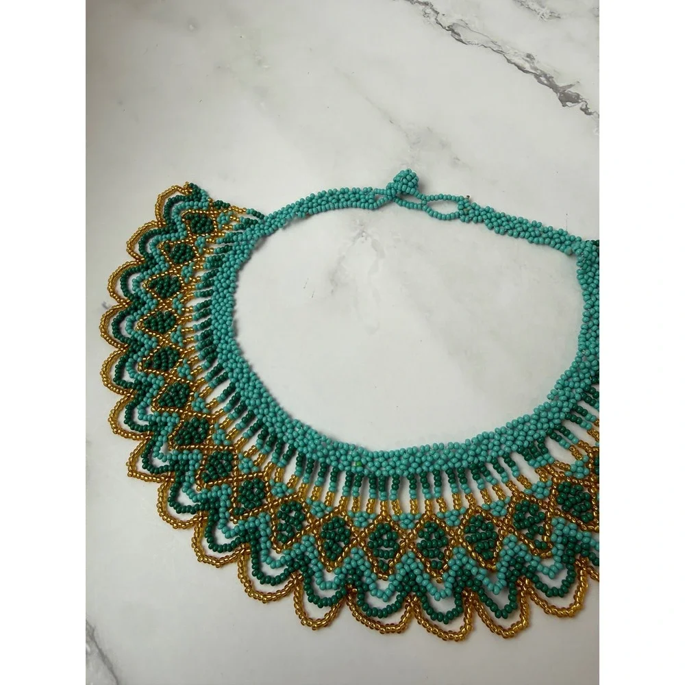 Handmade Artesanal Colorful Beaded Necklace Teal Festival Boho